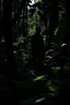 Placeholder: A dark shadow standing in a dark and quiet forest with lots of plants and vegetation