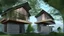 Placeholder: modern house by a big water falls in a karstic montain rain forest