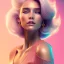 Placeholder: A portrait very beautiful woman ,smiling,laughting, longs hairs white ,elegant, atmospheric, realistic, cinematic lighting, pink blue light, 8k, galactic atmosphere, flowers, jewels gold