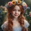 Placeholder: (best quality, 4k, 8k, highres, masterpiece:1.2), ultra-detailed, (realistic, photorealistic, photo-realistic:1.37),hyper realistic, smiling 1girl,long hair,looking at viewer,realistic proportions,blue eyes,hair ornament,dress,very long hair,flower,red hair,parted lips,necklace,white dress,orange hair,lips,blurry background,freckles,realistic,head wreath,orange flower,realistic portrait