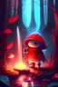 Placeholder: cute magical red mushroom with a human body , sword and red cape cooking soup in the forest , glow, shiny , fantasy