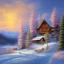 Placeholder: landscape mountain small cabin snow, oil painting, pink, blue, white colors, bob ross style, detailed