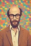 Placeholder: bohemian young ugly, strange not pretty, deformed man with Parisian bohemian look and glasses of colours and poor and short short short and poor hair on the head with receding hairline. Farsightedness glasses with big eyes. Shirt beard in the head. Vintage look and feel like photo style-of the 70s