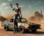 Placeholder: Realistic image. Mad max car. BMW 4 series, 2023 version. add mad max style woman standing in front of car. 4k resolution, intricate details, ornate details, soft lighting, vibrant colors, retroanime, futuristic cityscape background