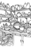 Placeholder: A witch's kitchen with shelves filled with potion ingredients and a bubbling cauldron. Outline, sketch style, only use outline, mandala style, clean line art, white background, no shadows, no clear wall, coloring page.