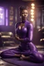 Placeholder: portrait of dark female yoga diver in purple gown in fallout 4 setting, bokeh, downlight, prize winning, depth of field, in the style of ivo caprino, downlight, furry chair