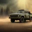 Placeholder: very very very hyperrealistic shot, military pickup truck, heavy guns firing on back, monotone color palette, sharp focus, puddle reflection, tire water splash, refraction, mist on the horizon, shadowcast, god rays, very very very very detailed and intricate, cinematic composition, macro, tilt shift photography