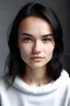 Placeholder: young woman, round cheeks, long and full eyelashes, round bug eyes, full and plump lips, closed mouth, light skin, dimpled cheeks, defined eyebrows, dimples, flat forehead, dark eyes, round chin, long dark hair, straight teeth, white sweatshirt, light make up,
