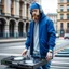 Placeholder: short beard man with cap, DJ play records ,at medeval city street background, full body