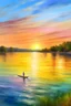 Placeholder: paisaje de la laguna setubal, al atardecer, aguas tranquilas pintadas por técnicas del impresionismo con una persona haciendo Stand up con su tabla en el medio de la laguna pintado por Monet