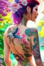 Placeholder: Beautiful girl with beautiful tattoos on her back, fan in hand, digital art, anime, colorful tattoos of flowers and birds, artgerm, beautiful 18-year-old girl, she has very beautiful tattoos, against the background of a very beautiful Japanese garden, colorful pastel, desktop wallpaper, cool, graceful figure