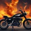 Placeholder: Fire head skeleton Rider wearing a black leather on black motorcycle in the middle of street rounded by high tower in a City