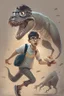 Placeholder: Draw Talha, a young, polite, beautiful, athletic young man, 11 years old, wearing glasses, holding a book, being chased by a T-Rex, with short hair