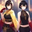 Placeholder: Clear focus,High resolution, Black short fluffy hair, and yellow eyes, wearing a black short skirt, sleeveless crop top, wearing long dark red gloves, yellow cloak