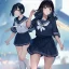 Placeholder: Clear focus, High resolution, short black hair, black eyes, wearing a sailor uniform, rough line, frowning, chopped bangs, fluffy hair, long white socks