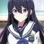 Placeholder: Clear focus, High resolution, long black fluffy hair, long locks, chopped bangs, purple eyes, wearing a sailor uniform, (solo), anime screencap, pixel