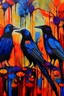 Placeholder: Acrylic canvass painting with orange, black, blue, yellow, red, and purple. I want it to have a natural vibe whether it’s wildlife or human architecture. You could incorporate all three. I’d also like it to be somewhat easy to create.