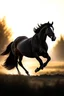 Placeholder: A black horse galloping towards the sunrise on a sunlit field. The horse is running at full speed, its mane and tail flowing in the wind. The sun is rising in the background, casting a warm glow over the scene