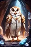 Placeholder: game art of a barn owl hero in armor in a Cave of the Crystals