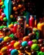 Placeholder: An image of several cans of different sodas side by side at the bottom of the image, from which M&M chocolates are pouring out, and the space is filled with color, chocolate grains, and pieces of fruit in a soda-like atmosphere with happy and beautiful colors.