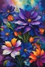 Placeholder: "A vivid, abstract floral arrangement featuring large, blooming flowers in a mixture of vibrant colors. The flowers should include a palette of deep blues, radiant purples, and lush greens, giving the petals a glowing effect. The style should be expressive, blending realistic floral details with an abstract, fluid background. The artwork should evoke a sense of energy and elegance, with intricate linework that adds depth and detail, and a swirling background to