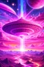 Placeholder: vaisseau interdimensionnel de couleur rose, grands rayonnements, dans un cosmos rose et jeu très étoilé d'or, 8K,ufo rainbow