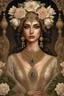 Placeholder: Beautiful facee Iranian Princess front wiev portrait, adorned with giant Jasmine, and lily flower ,roses , golden pearls , zafir gemstone headress, wearing floral, lace, pearls, zafirs ornate Iranian costume, organic bio spinal ribbed detail of Iranian style full jasmin and rose and persian garden background by the moonlight extremely detailed hyperrealistic maximalist portrait art