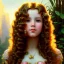 Placeholder: Hyperdetailed oil on canvas, young robyn lively by an ornate fountain, goldfish pond, lotus, detailed face, long muti-hued red curly hair; by gaspar camps, maxfield parrish, alphonse mucha, cyril rolando, dan mumford; luminous colorful sparkles, glitter, airbrush, octane render, volumetric lighting, 16k