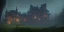 Placeholder: Ruined overgrown small castle in a dense forest, dynamic lighting, night