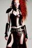 Placeholder: surreal, concept illustration, super-detailed, beautiful teen female who is 16 years old with long ginger hair and freckles with full lips,, full body, full face, athletic, centred camera, ignore NSFW, skimpy brown fantasy leather armor, halter top, thong, knee-high leather boots, open leather skirt, stern expression, cute pose