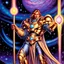 Placeholder: heroic fantasy galactic paladin holding glowing staff 90's tcg art 90's tcg art