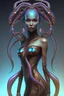 Placeholder: gorgeous female humanoid alien, stepping out of darkness, looking over shoulder, tentacles, copper zinc orichalcum jewelry and piercings, beautiful face, mesmerizing starry eyes, smooth translucent skin.