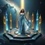 Placeholder: A breathtaking cosmic fantasy scene featuring a stunningly realistic beautiful woman with a perfect face and sculpted figure standing gracefully at the center of a floating geometric platform in deep space. She wears an elegant flowing gown in vibrant silver and blue hues that billow around her perfect form. The platform is constructed from dark cobblestone-like blocks arranged in a star shape. Surrounding her are magnificent crystalline towers and pillars in gold, amber, and electric b