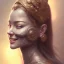 Placeholder: Portrait of woman goddess, smiling, sango fantasy, fantasy magic, intricate, sharp focus, illustration, lot's of grain on the skin, tribal tatoos,highly detailed, digital painting, concept art, matte, masterpiece beauty space lady, one head, high key lighting, volumetric light high details psychedelic background