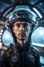 Placeholder: portrait of really scared young captain on a misty catamaran dome modular house sub that looks like a dark twisted alien space ship with spotlights, in advanced hi tech dock, bokeh like f/0.8, tilt-shift lens 8k, high detail, smooth render, down-light, unreal engine, prize winning