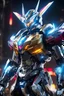 Placeholder: super robot with elements of Gundam, cool, gorgeous looks, anime, colorful outfit, highly detailed, sci-fi, futuristic, soft lighting, cinematic lightning, symmetrical, intricate, octane, bright color, 8k high definition, unreal engine 5, good pose, photo, sharp focus, ultra realistic, perfect anatomy, armor with glitter diamonds, jeweled skin, crystals, sapphires, ornate, white, translucent, silver
