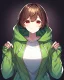 Placeholder: He is 16 years old, feminine in appearance but is a boy, has short dark brown hair, wears a green blouse with a zipper and hood and a white shirt underneath, has red eyes, Determined smile, dark background reminiscent of a nightmare, one character