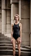 Placeholder: beautiful anorexic woman, total shot, short shiny black triathlon swimsuit, short blond wavy bob hair, blurred concrete background