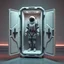 Placeholder: A futuristic sci-fi suit storage chamber, standing on the floor. The chamber is a low-poly structure with a retro Half-Life 1 / GoldSRC vibe, simple geometric shapes, but styled with modern textures and lighting. It stands vertically at 90 degrees like a cabinet, with hinges that allow it to tilt down to 180 degrees, like a capsule bed for the suit. Inside are robotic low-poly arms and clamps designed to hold a spacesuit.