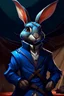 Placeholder: Portrait of a dungeons and dragons character that is a skinny male rabbit with blue fur on his face and body. He is wearing a black leather trench coat. The background is a circus tent.