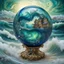 Placeholder: A translucent navy blue and glass platinum sphere filled with swirly ocean waves, inside a old village, flowy swirls, golden lines, 3D, alcohol ink effects, sprinkle glitter, pearls, beads.standing in front of a big wavy ocean in blue and green colors. fantastical, intricate detail, complementary colors, fantasy concept art,