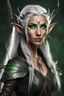 Placeholder: Generate a portrait of elf woman tan skin and silver hair and piercing green eyes. magic. She has long pointy elf ears. She has fangs. Carrying a long bow and arrows. Scars on face. Black and brown clothing.