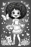 Placeholder: create a coloring page of a chibi girl with a curly afro ponytails dancing around hearts and butterflies. she smiles while shes playing with her puppy, black and white
