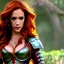 Placeholder: Eliza maza, hyper detailed, teen girl, long ginger hair, green eyes, medium freckles, full lips, very skimpy fantasy intricate leather armour, full body, full face, c-cup breasts, aroused expression, biting lower lip, full frame, petite, centered camera, ignore NSFW, bow, quiver on hip, tight pants