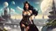 Placeholder: exotic sci-fi steampunk pin-up girl, with long dark hair, on a sci-fi planet with cloud trees, tall spires, buildings, bridges, arches