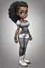 Placeholder: Create a black and white coloring page of a cartoon of a curvy African American chibi female wearing tight jeans and a off the shoulder blouse. She is also wearing timberland boots.. Highly detailed very long extremely braids of hair. Her skin is smooth and silky. Background of a track of ATV riders. No coloring, no shading, no grayscale,