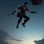 Placeholder: a soldier jumping off of an airship, over a battlefield at night