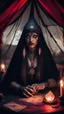 Placeholder: Hyper Realistic photographic-view of Wicked-&-Beautiful-Fortune-teller-with-glowing-red-eyes wearing black-beed-necklace-&-bracelet angrily Looking at her crystal-ball glowing magically & sitting in her tent at dark-night decorated with fancy-traditional-feathers-&-tarot-cards showing dramatic & cinematic ambiance"