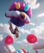 Placeholder: Ultra realistic speed clouds sky scene, wide angle view, sweet women falling down, inflatable color clothing, free jumping flying, many trinkets, hair monster, many jelly beans, balls, color smoke, smile, happy, circus style, extreme, wind, clouds sea, 20,000 feet altitude, stratosphere, soft color, highly detailed, unreal engine 5, ray tracing, RTX, lumen lighting, ultra detail, volumetric lighting, 3d, finely drawn, high definition, high resolution.