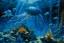 Placeholder: A blue underwater reef with electric jellyfish designed in Japanese origami painted by Max Ernst